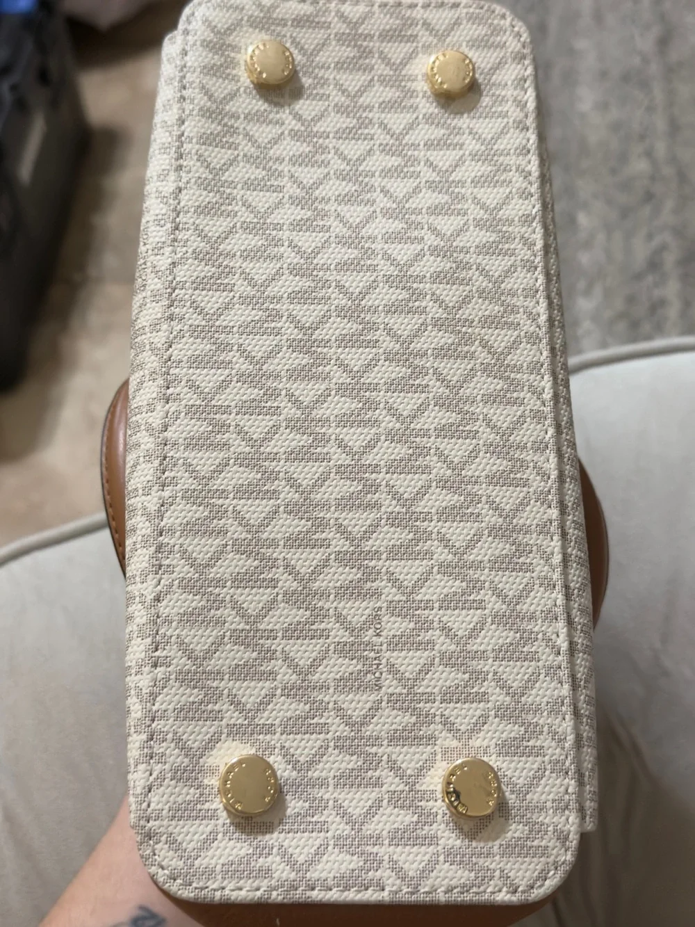 Michael Kors Beige Signature Logo and Tan Leather Satchel